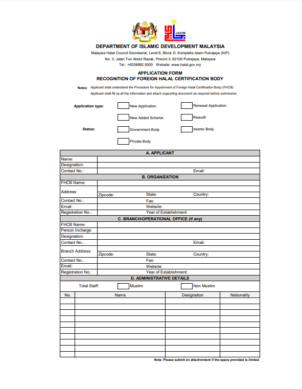 APPLICATION FORM RECOGNITION OF FOREIGN HALAL CERTIFICATION BODY